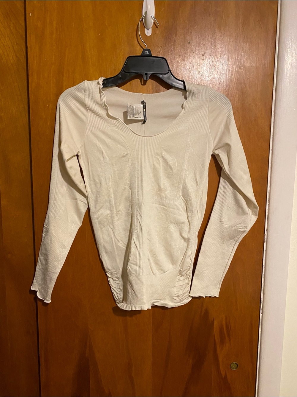 Parasuco Cream Long-Sleeve Ribbed Scoop Neck Top,Name lightly Embossed on Front